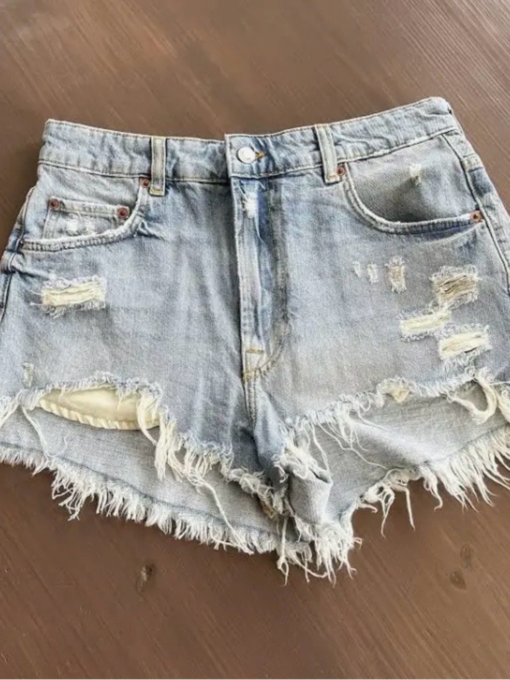 Zara Light Blue High Waist Distressed Denim Shorts